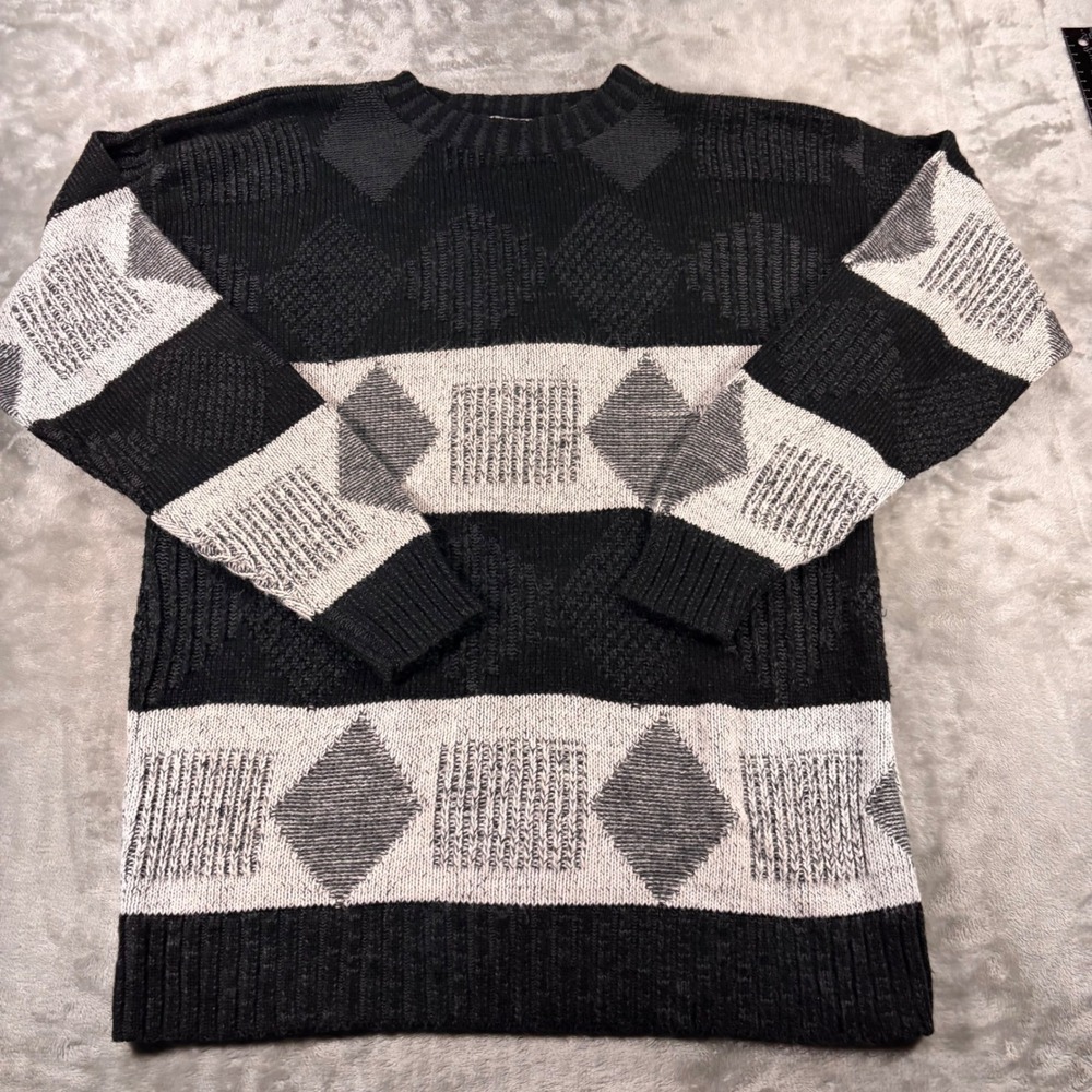 Vintage Sweater Graphix Mens Large Geometric Diamond Knit Pullover Black White